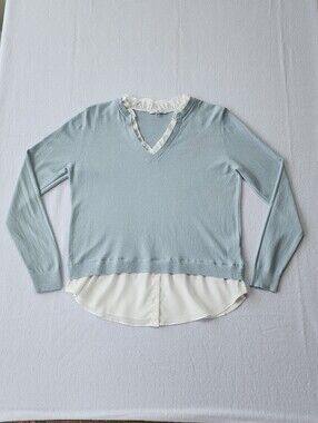 Vila Milano Layered Look Sweater Top Light Blue White Ruffle Trim M